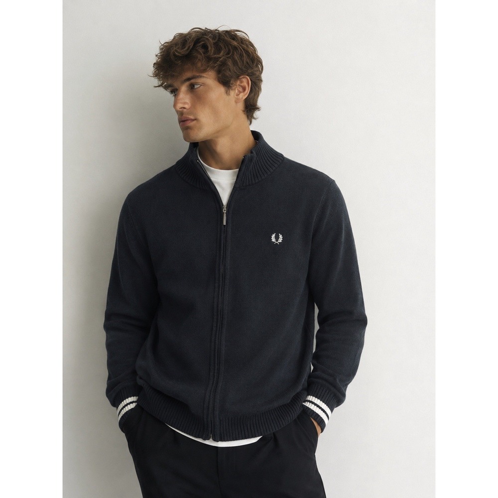 VTG 90' Fred Perry Full Zip Heavyweight Knit Cardigan Sweater XL Gray Hong Kong